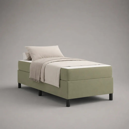 Lit continental 1 place en bois et tissu avec matelas en mousse, vert sauge, 95 × 205 × 62 cm, couchage 90 × 200 cm