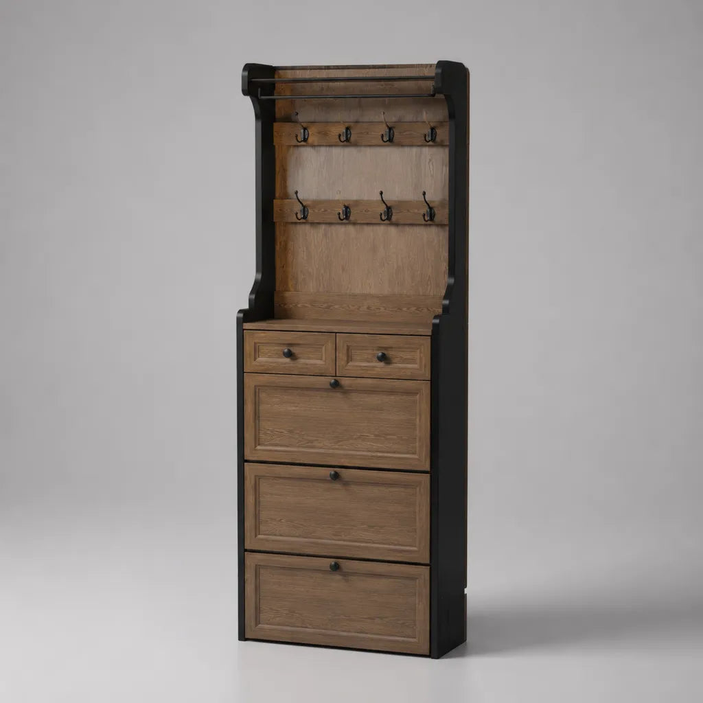Meuble à chaussures avec porte-manteau vertical, 3 abattants, 2 tiroirs et 8 crochets, panneaux mélaminés et acier, brun et noir, L 70 x P 30 x H 190 cm