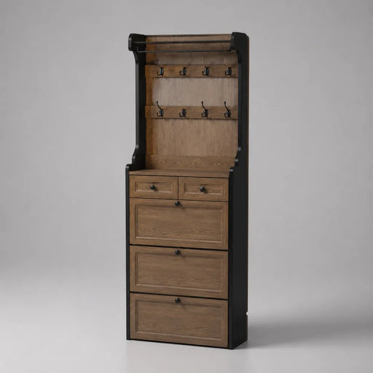 Meuble à chaussures avec porte-manteau vertical, 3 abattants, 2 tiroirs et 8 crochets, panneaux mélaminés et acier, brun et noir, L 70 x P 30 x H 190 cm
