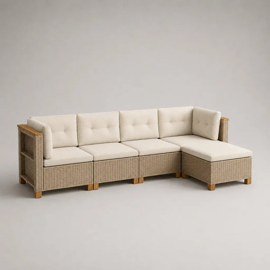 Ensemble canapé de jardin d’angle modulable 4 places en résine tressée, acier et bois, beige taupe, crème et brun naturel, 260 × 180 × 75 cm
