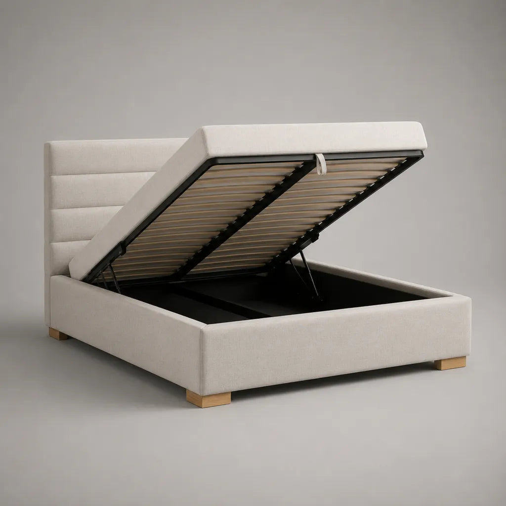Lit coffre double 160 × 200 cm en bois et métal, tissu beige, tête de lit rembourrée et sommier à lattes, 174 × 218 × 110 cm