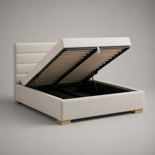 Lit coffre double 160 × 200 cm en bois et métal, tissu beige, tête de lit rembourrée et sommier à lattes, 174 × 218 × 110 cm