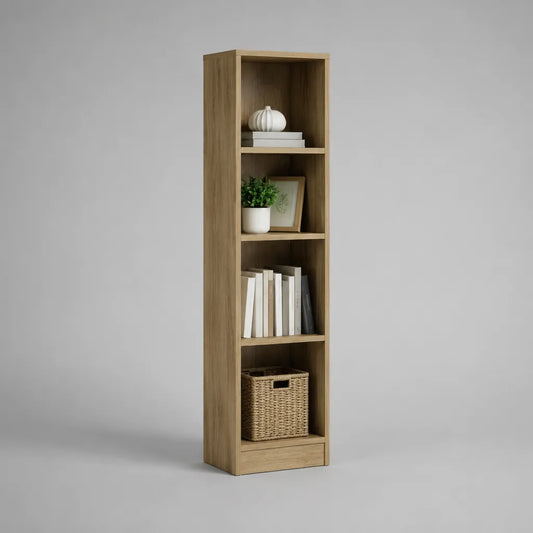 Bibliothèque colonne à 4 niches en panneaux de particules mélaminés, chêne naturel, 40 × 30 × 150 cm