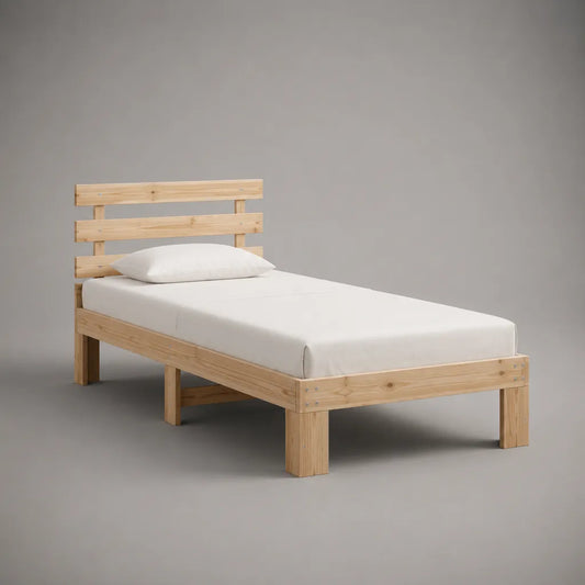 Lit simple en bois naturel 90 × 190 cm avec sommier à lattes et tête de lit, dimensions 198 × 98 × 90 cm
