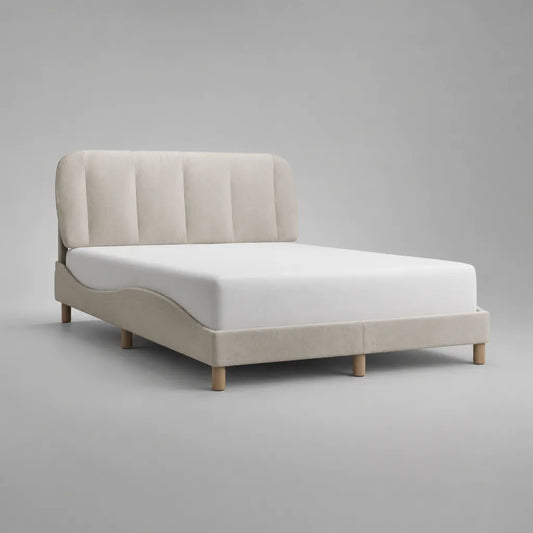 Lit double rembourré en polyester beige clair avec tête de lit et sommier à lattes, couchage 160 × 200 cm, sans matelas