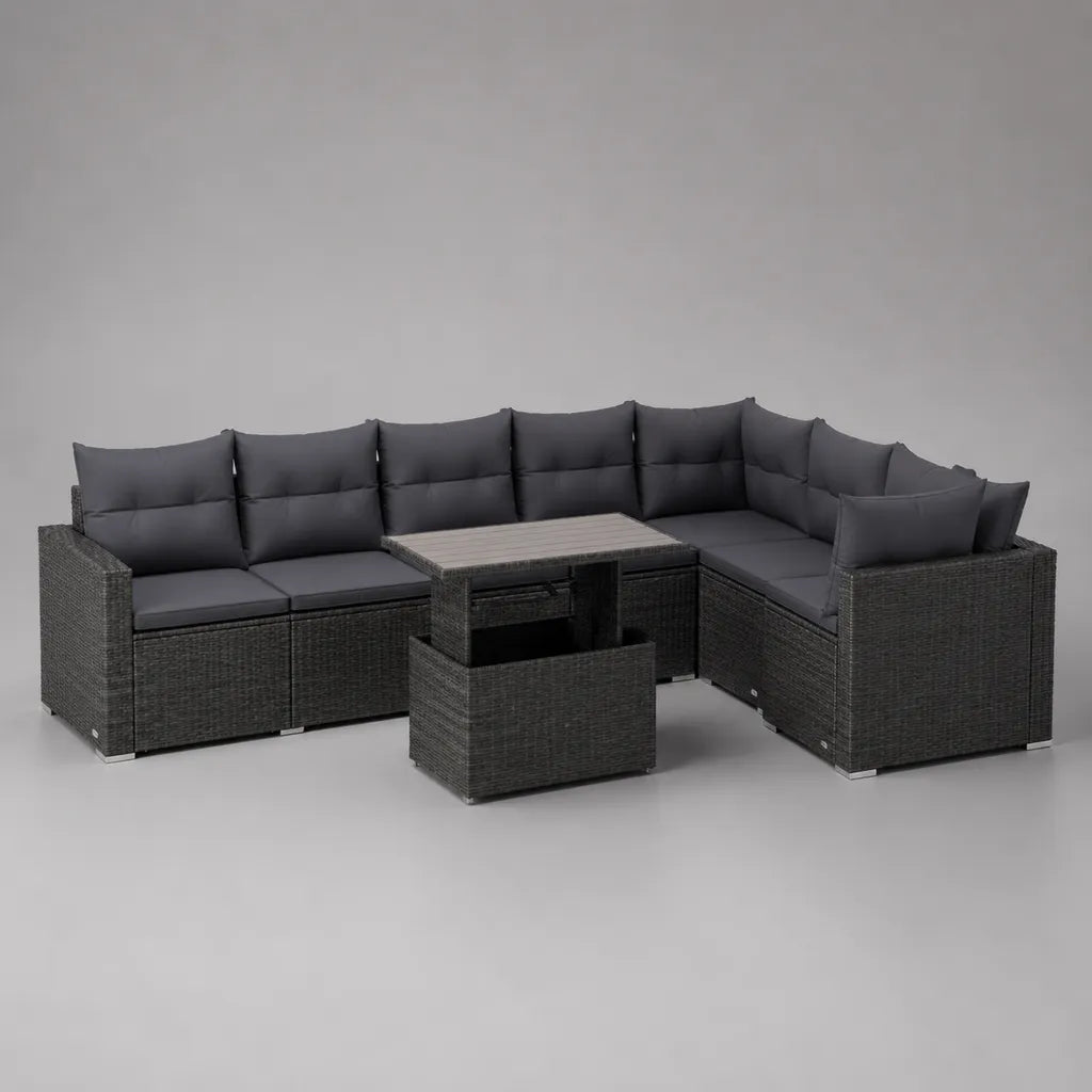Canapé de jardin d’angle 9 places en résine tressée PE gris anthracite avec table réglable et pouf, 250 × 250 × 74 cm