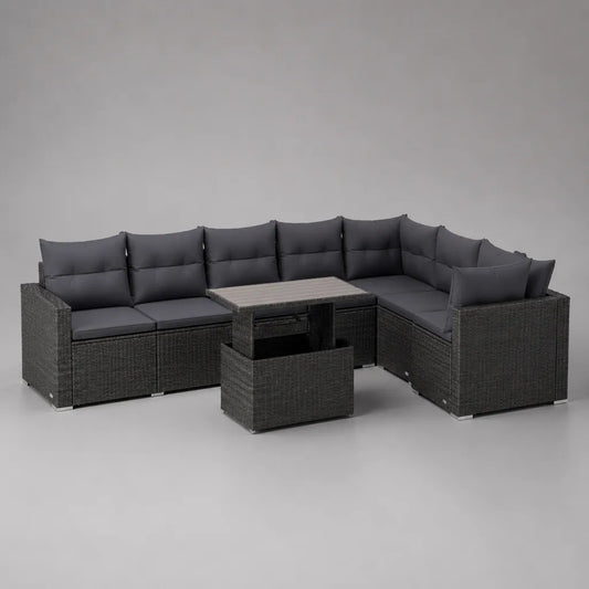 Canapé de jardin d’angle 9 places en résine tressée PE gris anthracite avec table réglable et pouf, 250 × 250 × 74 cm