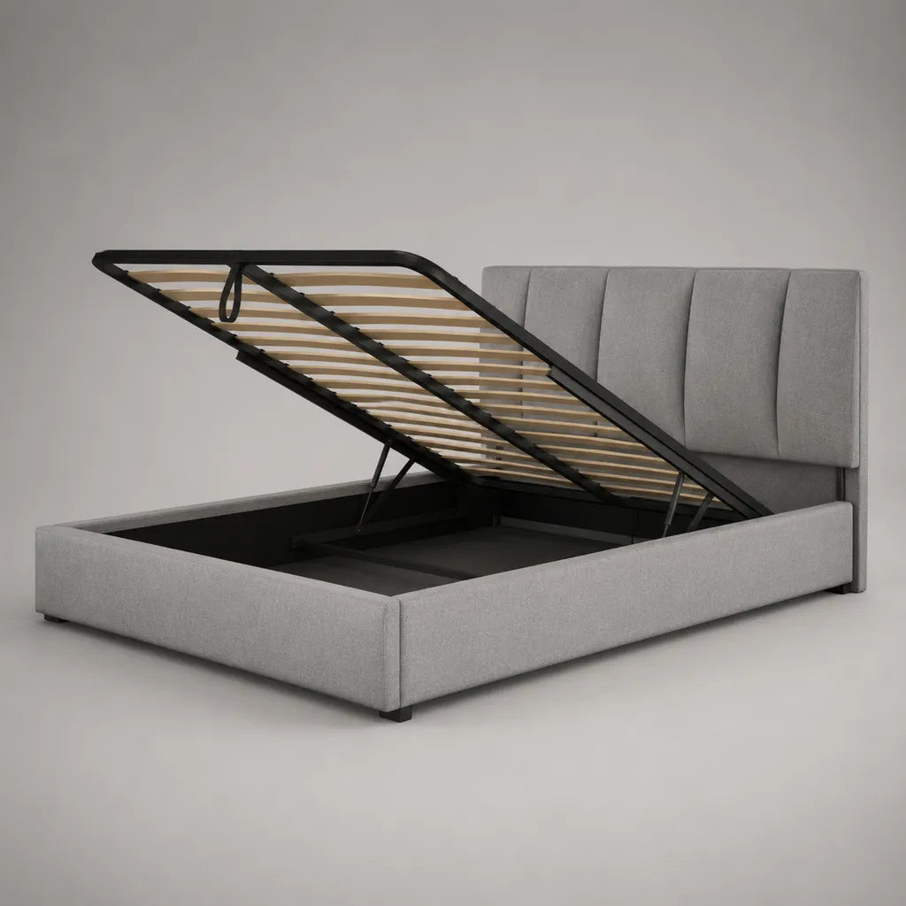 Lit coffre 2 places en tissu et acier gris clair, couchage 160 × 200 cm, dimensions 212 × 172 × 112 cm