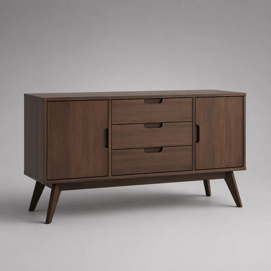 Buffet bas rectangulaire en MDF plaqué noyer brun, 2 portes et 3 tiroirs, 140 × 40 × 80 cm